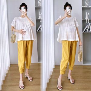 6662 #2022 Zomer Koreaanse Mode Moederschap Blouse Wijde Pijpen Broek Sets Chic Losse Kleding Voor Zwangere Vrouwen Zwangerschap Tops suits