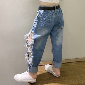 Dfxd Kinderen Jongens Meisjes Gebroken Jeans Broek Mode Zomer Denim Ripped Lange Broek Big Hole Jeans Voor 2-7T Kids Kleding