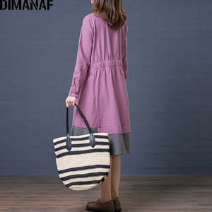 DIMANAF Plus Size Vrouwen Jurk Vintage Lange Mouw Herfst Kantoor Dame Losse A-lijn Vrouwelijke Vestidos Katoen Linnen Jurk Kleding