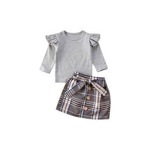 Kids Baby Meisje Herfst Winter Kleding Sets Solid Fly Mouwen Trui Tops + Plaid Strik Rokken Outfit Set