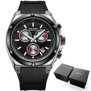 Megir Mannen Zwarte Siliconen Sport Quartz Horloges Lichtgevende Relojios Relojes Waterdicht Chronograaf Klok Montres Q2073G-BK-1