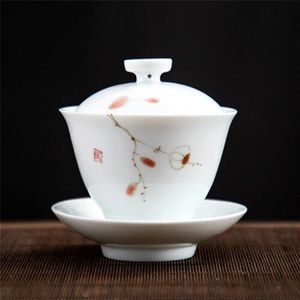 Dehua Wit China Gaiwan Chinese Porselein Terrine Met Cup Schotel Coaster Bedekt Kom Met Deksel Handgeschilderd Cup Bowls 150 Ml