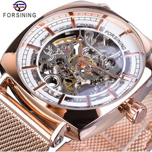 Forsining Mens Mechanische Horloges Vierkante Retro Automatische Skelet Ultra Dunne Zwarte Business Mesh Stalen Riemen Klok Relogio