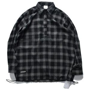 Zwart En Grijs Check Shirts Mannen Lange Mouw Half-Open Kraag Dark Plaid Shirt Mannen Street Wear Functionele shirts