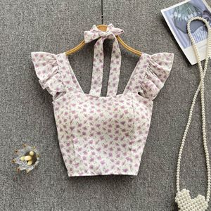 Singreiny Zomer Chiffon Backless Crop Tops Vrouwen Strapless Verstoorde Franse Elastische Taille Tank Top Dames Bloemenprint Hemdje