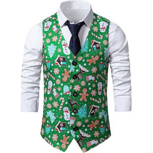 Groene Kerst Vest Mannen Mode Gingerbread Man Snowflake Print Vesten Mannen Navidad Party Festival Gilet Homme Xxl