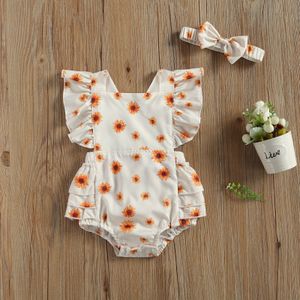 Pasgeboren Baby Meisjes 2Pcs Outfit Set Verstoorde Mouwen Vierkante Hals Backless Luipaard/Bloemen Bodysuit + Hoofdband 0-24M Kleding