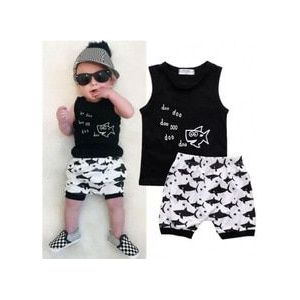 0-24months Pasgeboren Jongens Set Zwarte Mouwloze Jongens Vest Shark Doo Animal Print Shorts Jongen Sport Set Baby Jongens Actieve Kleding set