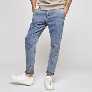 Kuegou 100% Katoen Herfst Lente Tapered Jeans Mannen Broek Licht Blauw Denim Broek Elastische Taille Trekkoord Plus Size KK-2999