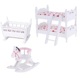 Wit 1/12 Schaal Dollhouse Furniture Kinderen Nursery Slaapkamer Stapelbed Cradle Hobbelpaard Set