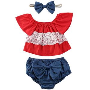 Prinses Baby Baby Girl Off-Schouder Lace Tops Kanten Jurk Shirt + Strik Ruffle Shorts Hoofdband 3 Stuks Outfit