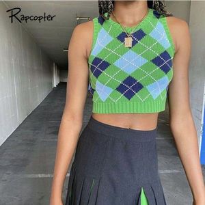 Rapcopter Argyleplaid Trui Y2K Top Gebreide Leuke Tops Truien Cropped Truien Herfst Vrouwen Tank Top Green Skinny Vest