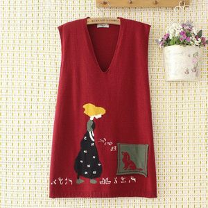 Lente Herfst Chic Vest Truien Vrouwen Japan Stijl Verse V-hals Mouwloze Cartoon Dobby Gebreide Oversized Losse Lange Trui