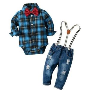 Pasgeboren Baby Jongen Denim Kleding Katoen Plaid Rompertjes Gentleman Bib Jeans Kleding Pak Outfit 6-24 M