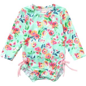 Peuter Baby Meisjes Kids Badmode Bloemen Gedrukt Bikini Badpak Lange Mouwen Strand Een Stuk Badpak Strand Badpak Kleren