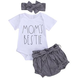 Pasgeboren Baby Meisjes 3 Stuk Outfit Set Korte Mouw Letter Print Romper + Gestreepte Shorts + Hoofdband Set