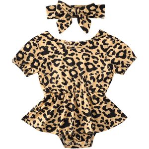 Baby Zomer Kleding Peuter Baby Meisjes Kleding Korte Mouwen Gecontroleerd Luipaard Jumpsuit Bodysuit Hoofdband 2 Stuks Set Outfits