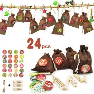 24Pcs Kerst Advent Kalender Countdown Zak Opknoping Candy Zakken Pouch Met Clips Stickers Touw Thuis Kerst Decoratie