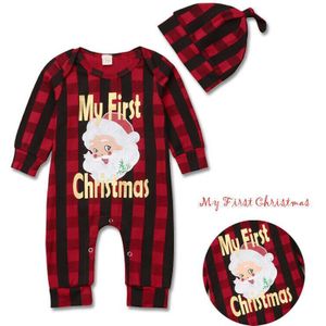 PUDCOCO Mijn 1st Kerst Pasgeboren Baby Jongen Meisje Romper Plaid Playsuit Jumpsuit Kleding Hoed 2 STUKS Outfit 0-24M