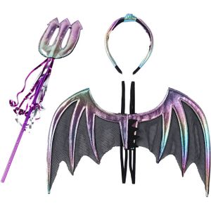 Exotische Cosplay Duivel Kostuum Set Thema Party Dress Up Kleding Shiny Bat Wings Met Hoofdband Trident Vork Heks Rollenspel kleding
