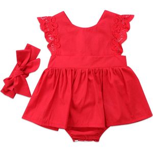Pasgeboren Baby Meisjes Ruffle Rood Kant Kerst Bodysuits Jurk Jumpsuit Outfits Tutu Kleedt + Hoofdband Rood Sets 0-24M