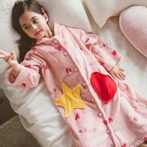 Flanellen Badjas Voor Meisje Kinderen Winter Warme Lange Nachtkleding Bloem Meisje Gewaad Ster Liefde Patroon Bathgrowns Kind Kleding