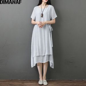 Dimanaf Plus Size Zomer Vrouwen Jurk Zonnejurk A-lijn Vintage Lady Vestidos Losse Casual Katoen Linnen Effen Kleding