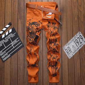 Print Casual Jeans Broek Mannen Slim Fit Denim Broek Jean Joggers Mannen Hip Hop Streetwear Broek Kleding Oranje WA111