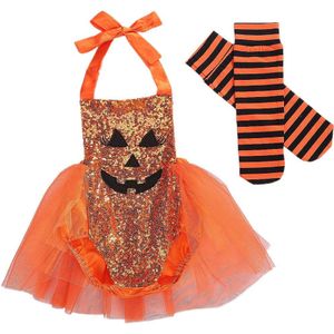 Baby Meisje Halloween Costumecute Pompoen Gezicht Sequin Halter Bodysuits Tutu Jurk + Gestreepte Sokken 2 Stuks Outfits 0-24M