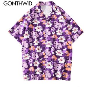 Gonthwid Graffiti Dinosaurus Print Hawaiian Strand Shirts Streetwear Zomer Hip Hop Casual Korte Mouw Aloha Kamp Hawaii Overhemd Top