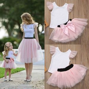 Familie Bijpassende Outfits Vrouwen Baby Meisjes Kids Rok Sets Moeder Dochter Mouwloze Top T-shirt Mini Tulle Tutu Rok Wit Roze