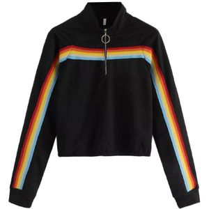 Vrouwen Mode Regenboog Rits Top Gestreepte Trui Casual Vrouwen Sweatshirt Splicing Top