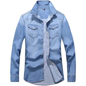 Casual Shirt Mannen Herfst Katoen Slanke Heren Kleding Denim Shirt Lange Mouwen Twee-Pocket Jeans Jurk Tops camisas Hombre