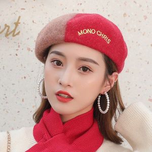 Mode Japanse Twee Kleuren Borduren Baret Herfst En Winter Koreaanse Editie Warme Schilder Hoed Netto Rode Retro Achthoekige hoed