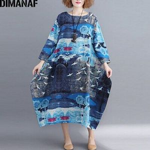 DIMANAF vrouwen Jurken Grote Maten Linnen Vintage Print Vrouwelijke Kleding Dames Vestido Losse Lange Mouw Jurk Herfst