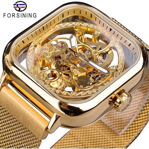 Forsining Mannen Mechanische Horloges Automatische Self-Wind Golden Transparante Mode Mesh Steel Horloge Skeleton Man Mannelijke Uur