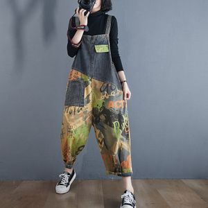Vrouwen Graffiti Print Denim Jumpsuits Overalls Losse Patchwork Pocket Jean Broek Vrouwelijke Casual Rompertjes Plus Size Macacao