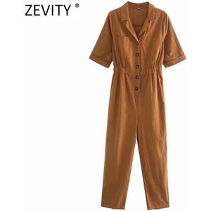 Zevity Vrouwen Safari Stijl Notched Kraag Zakken Patch Siamese Rompertjes Lady Korte Mouw Linnen Jumpsuits Casual Broek DS4323