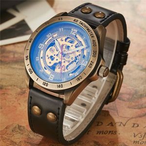 Top Mens Self-Wind Mechanische Horloges Voor Mannen Retro Automatic Skeleton Steampunk Leather Mechanische Horloges Luxe