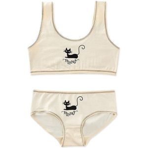 Tieners Jonge Meisjes 2 Stuks Ondergoed Set Leuke Zwarte Kat Afdrukken Brede Band Training Beha Gestreepte Vest Top En Bijpassende slipje Sport U