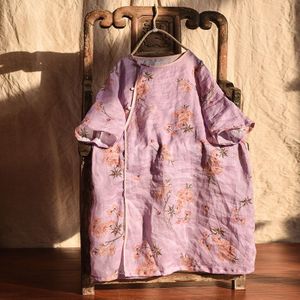 Johnature Vrouwen Print Bloemen Lange Shirts Ramee Chinese Stijl Blouses Zomer Half Mouw Knop O-hals Losse Shirts En Tops