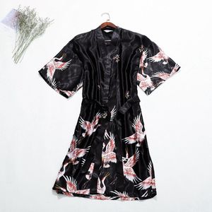 Mannen Gewaden Kleding Zomer Chinese Zijde/Satijn Crane Print Kimono Lange Robe Gown Nightrobe Badjas Slaap Night thuis Slijtage