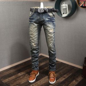 Streetwear Mannen Jeans Top Slim Fit Vernietigd Ripped Jeans Mannen Baggy Broek Retro Patchwork Vintage Jeans