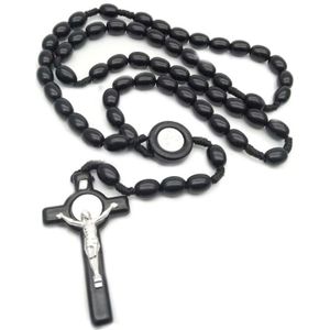 Jezus Houten Kralen 8mm Rozenkrans Bead Kruis Hanger Ketting Geweven Touw Ketting Sieraden Accessoires