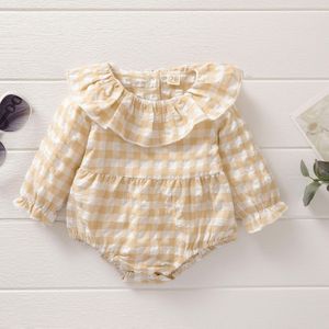 Peuter Meisjes Ronde Kraag Romper, Baby Lange Mouw Bodysuit, Zomer Plaid Afdrukken Jumpsuits