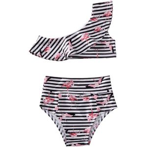 Summer Kids Girl Two-Piece Swimsuits Stripe Flamingo Swimwear Child Girl One Shoulder Tops Swim Bottoms 2Pcs 0-4Y