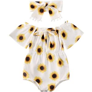 Pasgeboren Baby Meisje Bodysuits Hoofdband 2 stuks Zomer Ananas Zonnebloemen Print Ruches Jumpsuits Outfits Set