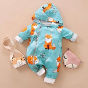 Baby Jongens Meisjes Herfst Rompertjes Lange Mouw Capuchon Rits Leuke Fox Print Jumpsuit Pasgeboren Playsuit Baby Kleding