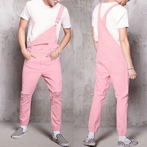 Rompers Mens Jumpsuit Cotton Casual Male Denim Ripped Jeans Pants Pink Overalls conjunto masculino Plus Size