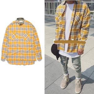 Justin Bieber Fog Flanel Rood Geel Schotland Raster Mannen Shirts Hiphop Uitgebreide Gebogen Zoom Oversized Casual Katoenen Shirt